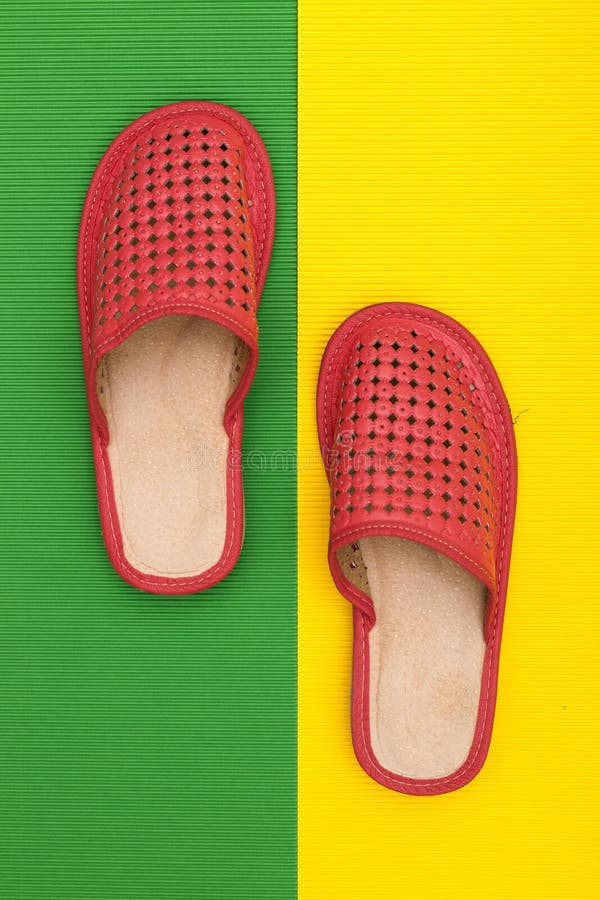 Red Women`s Slippers on a Colored Stock Photo - Image of fashion ...