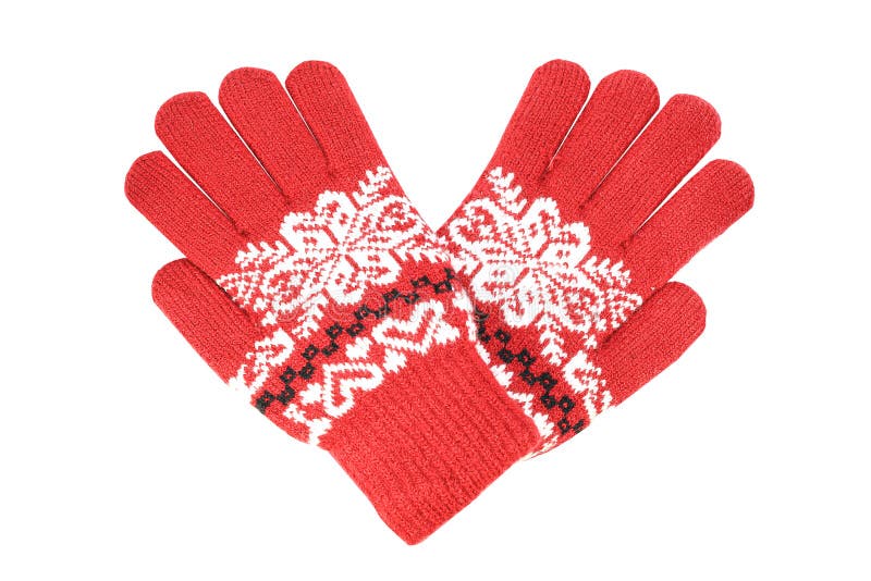 Red Womens Knitted Wool Winter Gloves with Pattern Isolated on White