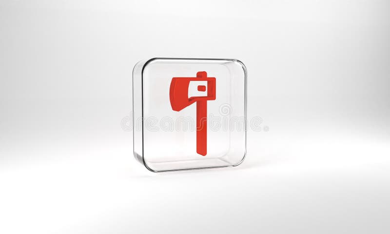 Red Wooden axe icon isolated on grey background. Lumberjack axe. Glass square button. 3d illustration 3D render.