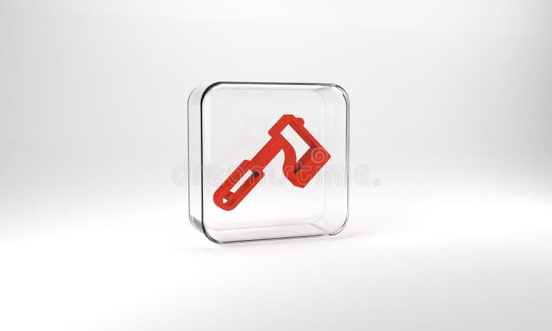 Red Wooden axe icon isolated on grey background. Lumberjack axe. Glass square button. 3d illustration 3D render.