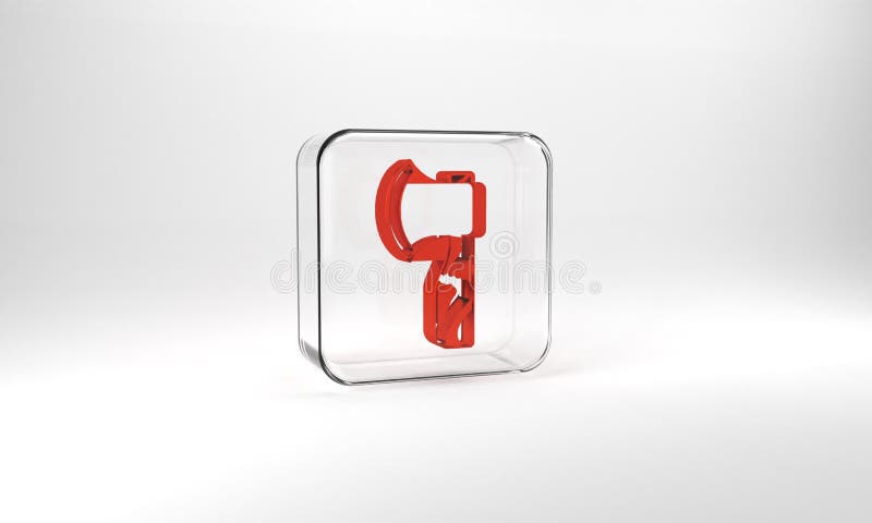 Red Wooden axe icon isolated on grey background. Lumberjack axe. Glass square button. 3d illustration 3D render.