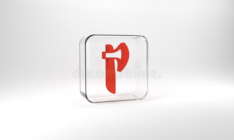 Red Wooden axe icon isolated on grey background. Lumberjack axe. Glass square button. 3d illustration 3D render.