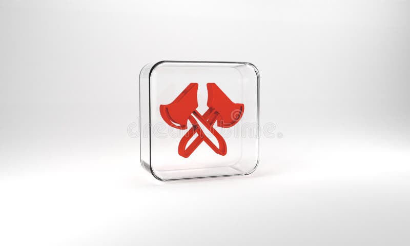 Red Wooden axe icon isolated on grey background. Lumberjack axe. Glass square button. 3d illustration 3D render.