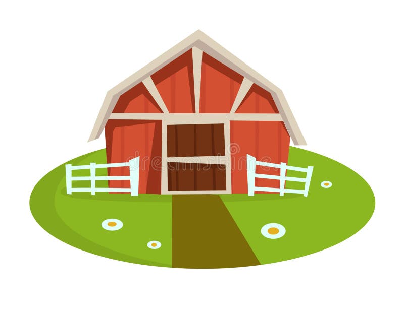 Red wooden barn with fence on green lawn with path