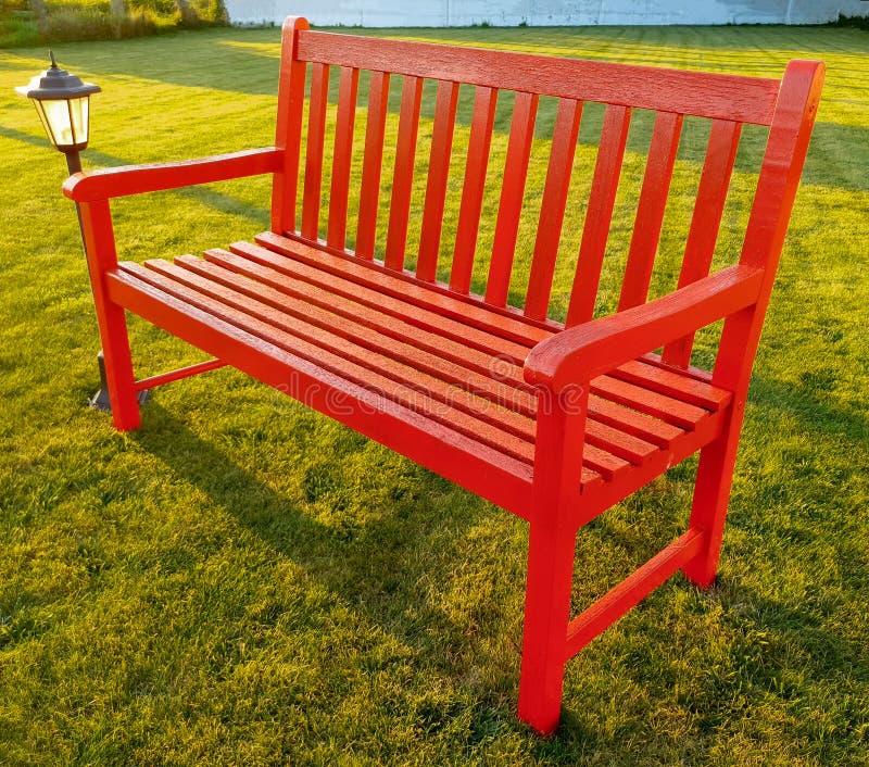 Red Wooden Bench in the Park Stock Image - Image of blue, comfortable ...