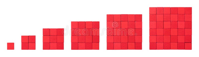 Red wooden cubes, arranged in squares, showing square numbers from 1 to 6 stock image