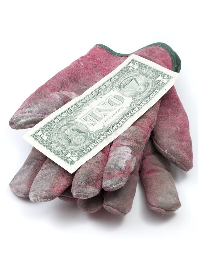 Red Worn Work Gloves with Dollars