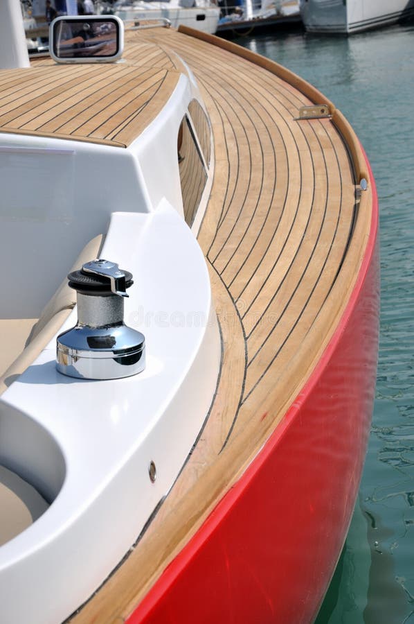 Red yacht in harbor