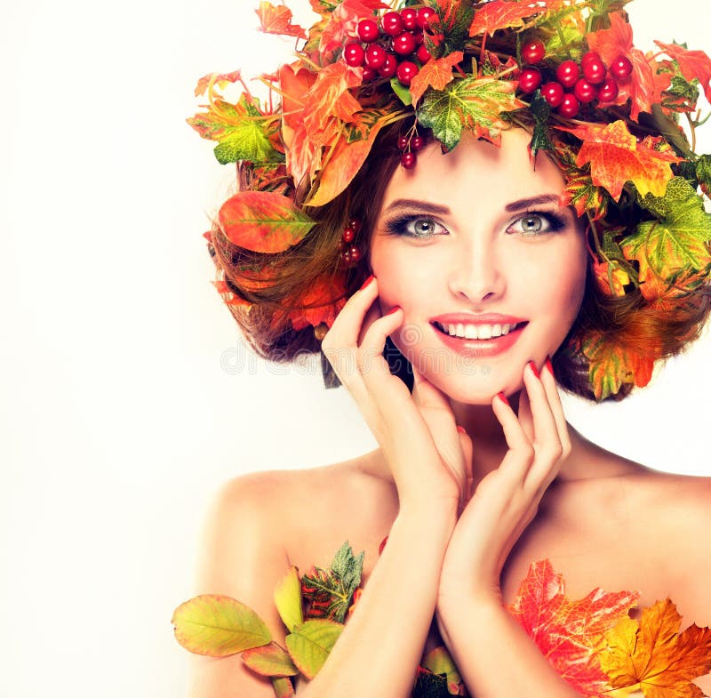 Red and Yellow Autumn Leaves on Girl Head. Stock Image - Image of ...