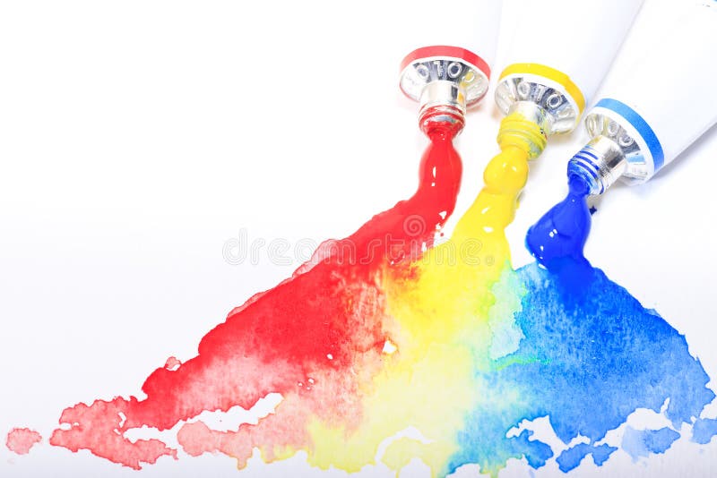 Red,yellow,blue primary watercolor tube on white background