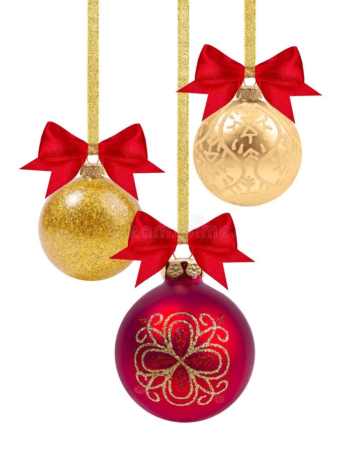 Red and yellow Christmas balls with ribbon and bow royalty free stock photos Red and yellow Christmas balls with ribbon and bow royalty free stock photos