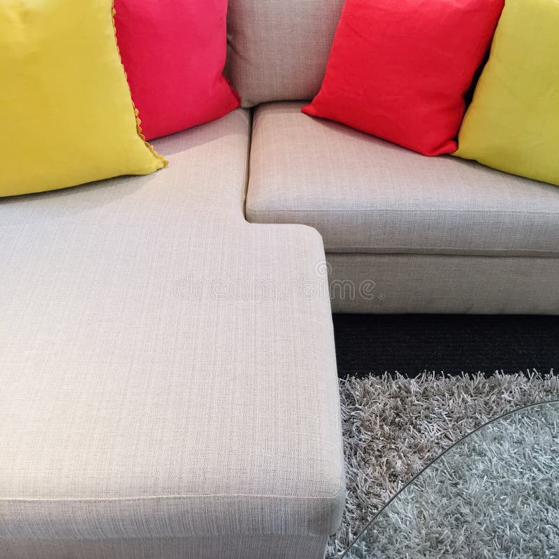 Red and Yellow Cushions on Gray Corner Sofa Stock Image Image of furniture, crimson 92689789