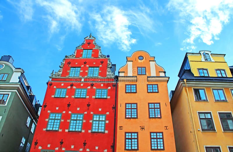 Red and Yellow iconic buildings on Stortorget, Stockholm, Sweden