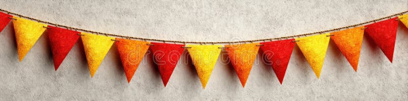 Red yellow and orange triangular pennant flags hanging on a rope against a textured wall for celebration or party decor Generative vector illustration