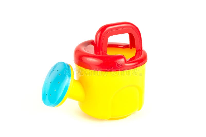 Red and yellow plastic toy watering can