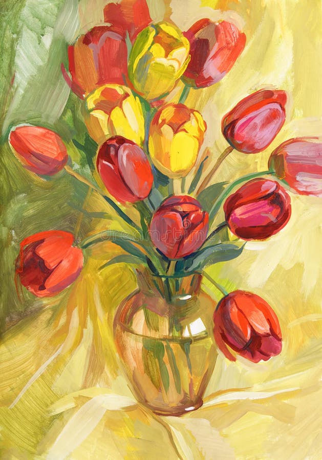 Red and yellow tulips in a vase. Still life. Gouache painting