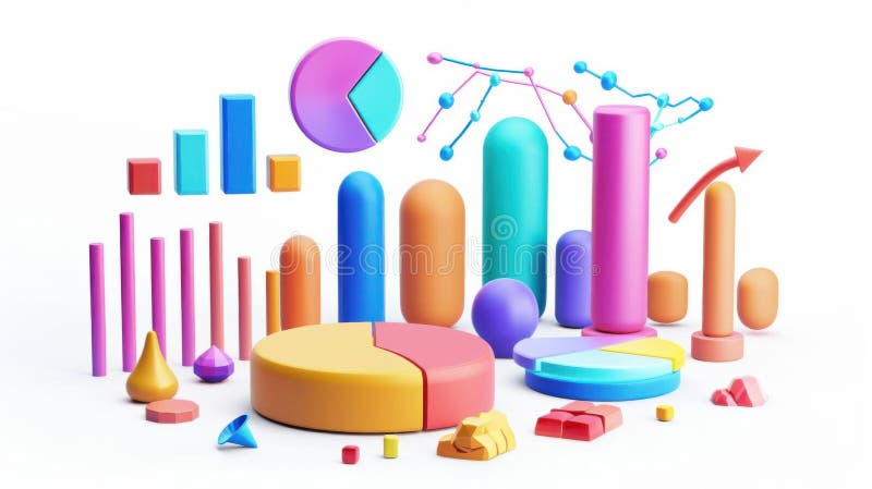 Redare 3d a graficului colorat și a diagramei circulare pe fundal alb vector illustration