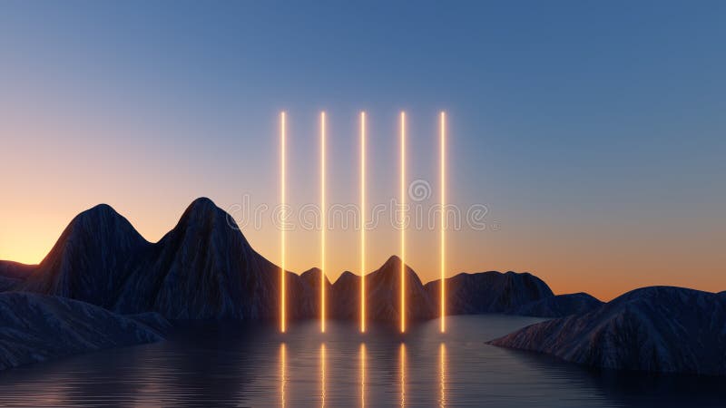 Redare 3d. tapet abstract cu linii de soare răsărite sau răsărite și cu linii de strălucire verticală neonată. peisaj mistic cu pi stock illustration