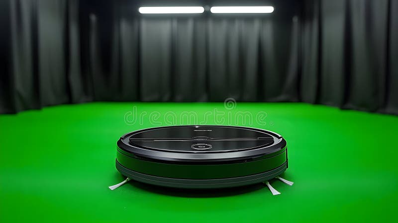 Redare 3D a unui aspirator robotic pe un ecran verde stock illustration
