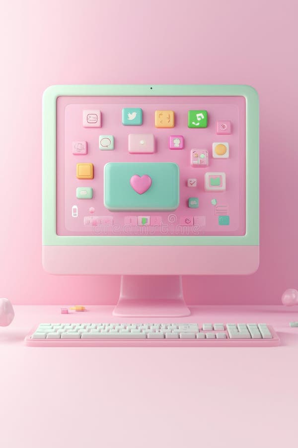Randare 3D a unui calculator cu aplicații pastelate pe un fundal roz vector illustration