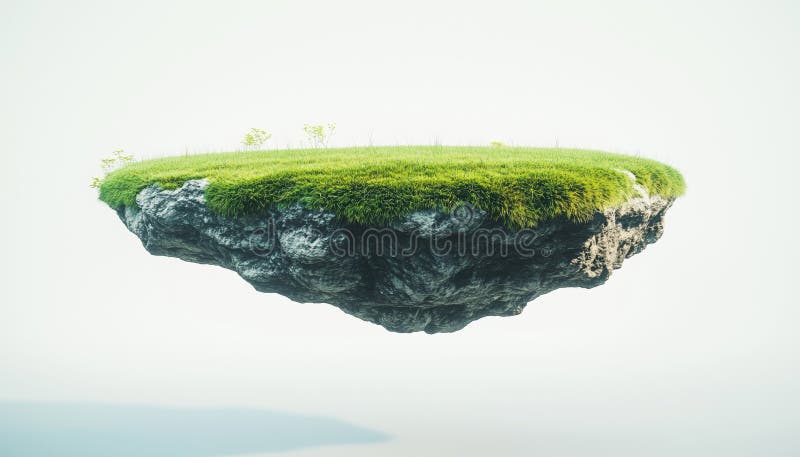 Redarea Surreală A Insulei Paradisului Plutitor Cu Iarbă Verde Luxuriantă Și Rocă Plutitoare royalty free stock images