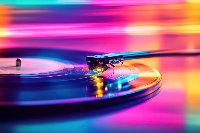 Redarea unei înregistrări de închidere. Culori neon pentru fundal muzical retro abstract în stil anii 60 și 70 stock images