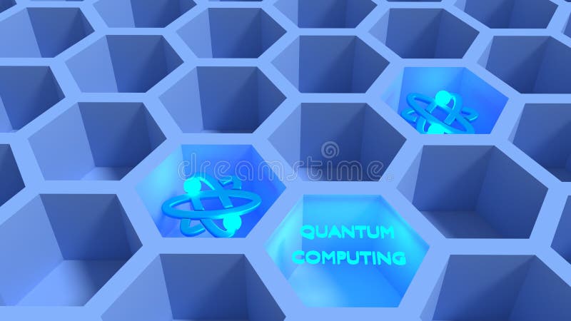 Rede azul do favo de mel com computação de quantum de incandescência c dos símbolos do átomo ilustração stock Rede azul do favo de mel com computação de quantum de incandescência c dos símbolos do átomo ilustração stock