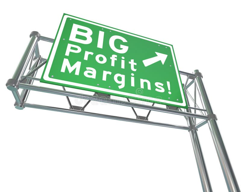 Big Profit Margins words on a green freeway road direction sign to point you in the direction of increasing net earned income for your business, company or home finances or budget. Big Profit Margins words on a green freeway road direction sign to point you in the direction of increasing net earned income for your business, company or home finances or budget