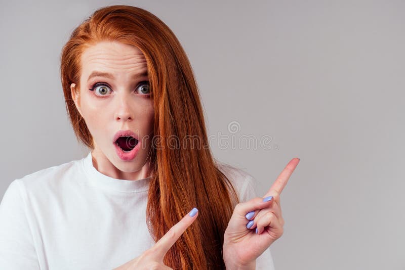 Redhair Ginger Woman Finger Pointing Copy Space Stock Image Image Of 