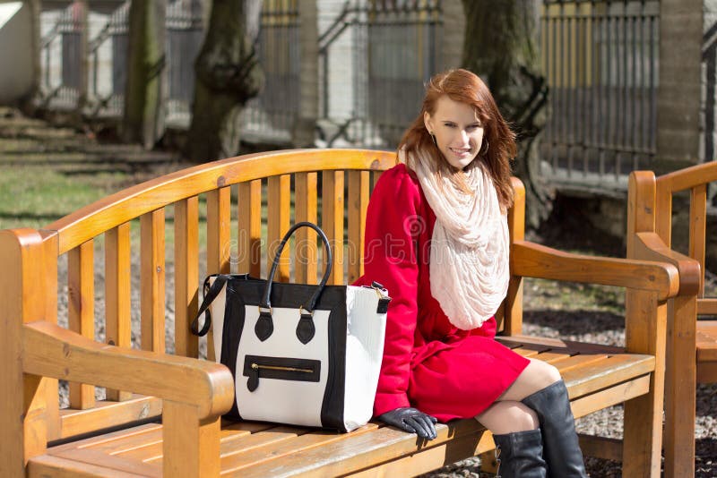 Redhaired Woman Crossing Sitting On The Bench In Park Stock Image Image Of Park Attractive