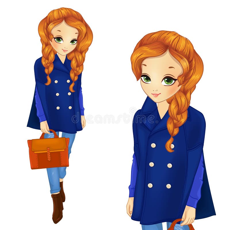 Roodharig meisje in donkerblauwe jas stock illustratie