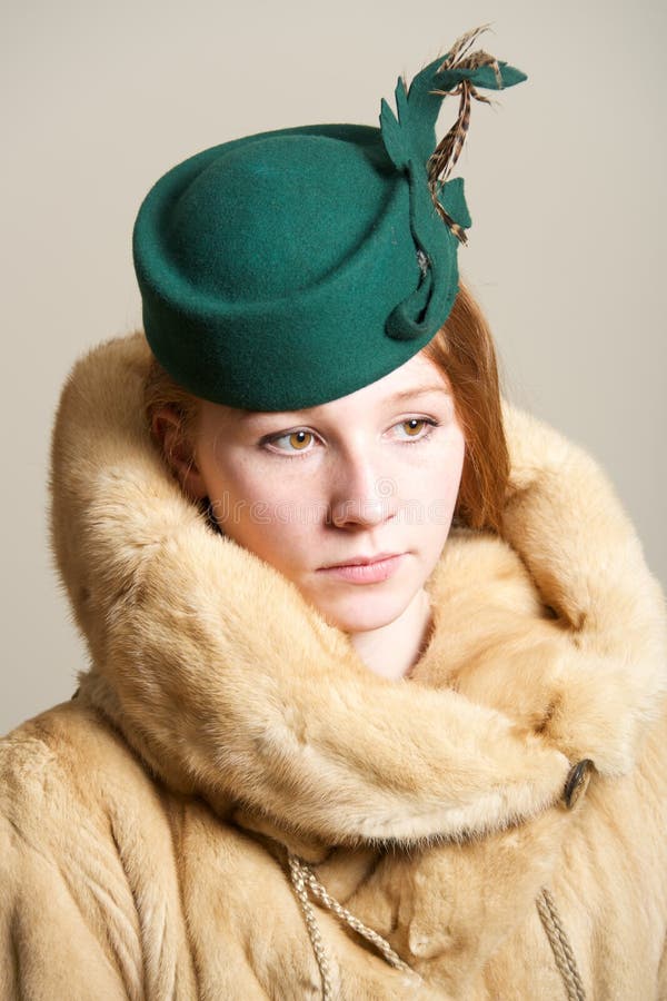 Redhead in Fur Coat and Green Hat Stock Photo Image of redhead, woman