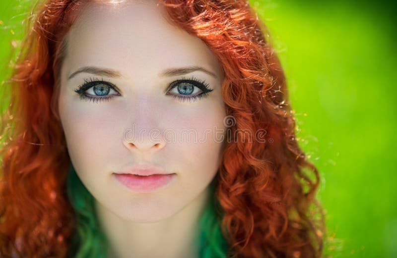 Redhead girl face closeup. stock photo. Image of girl - 79082736
