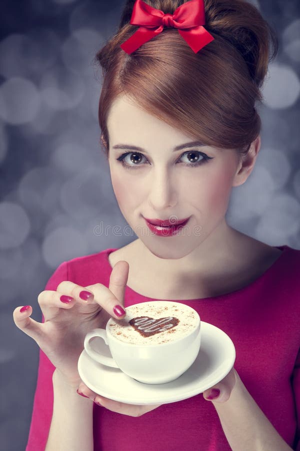 Redhead Girl with Coffee Cup. St. Valentine S Day. Stock Photo Image