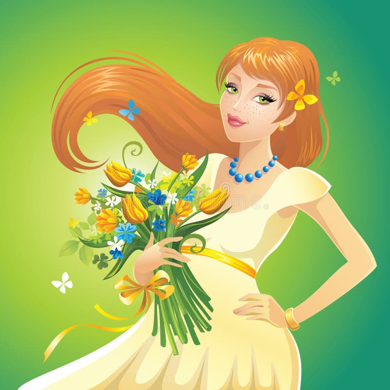 Charming beautiful redhead girl with bunch of flowers on green background. Charming beautiful redhead girl with bunch of flowers on green background