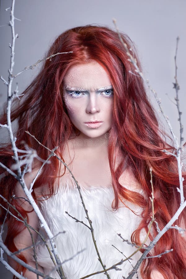 Redhead Girl with Long Hair, a Face Covered with Snow with Frost. White  Eyebrows and Eyelashes in Frost, a Tree Branch Covered Stock Image - Image  of beautiful, head: 103557689