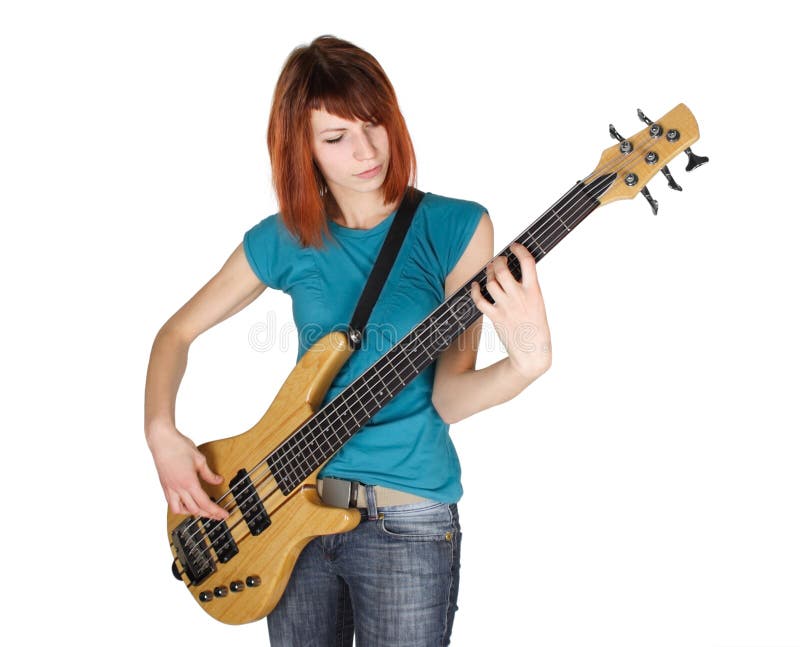 Redhead Girl Playing Bass Guitar, Half Body Stock Photo - Image of