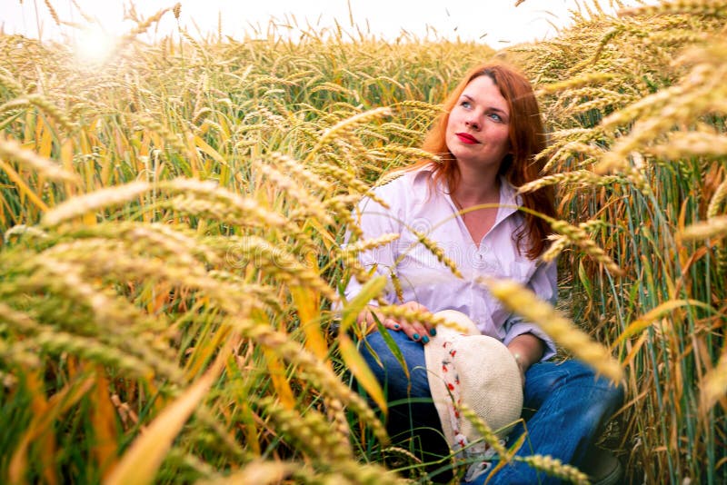 Redhead Lady In Wheat Field Stock Photo Image Of Female Person
