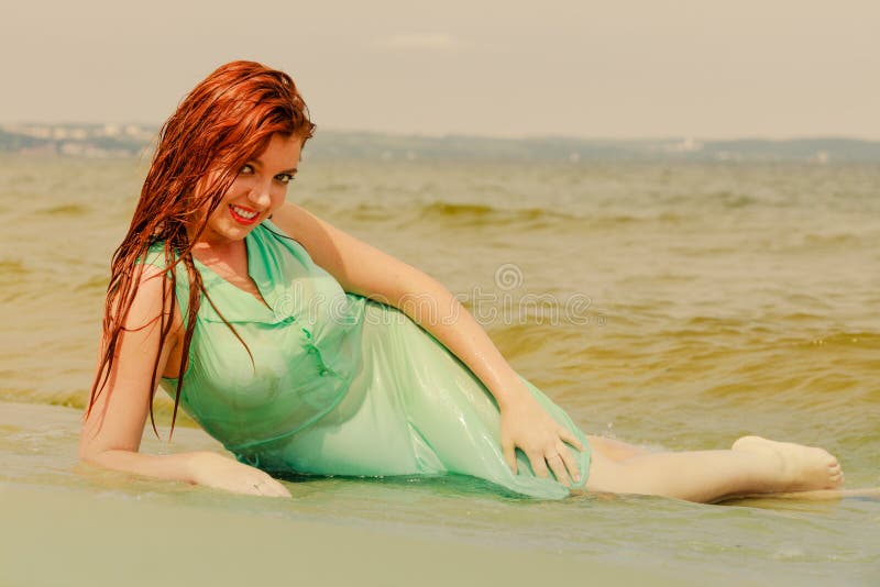 Redhead Woman Posing In Water During Summertime Stock Image Image Of 