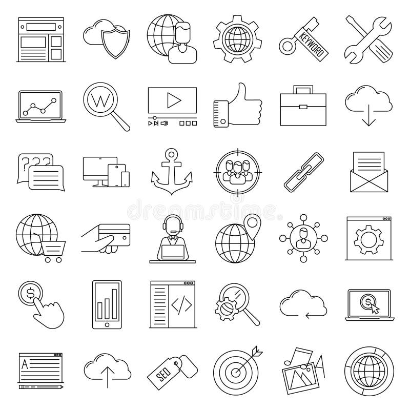 Redigerbar vektoruppsättning Internet- och utvecklingstecken vektor illustrationer Redigerbar vektoruppsättning Internet- och utvecklingstecken vektor illustrationer