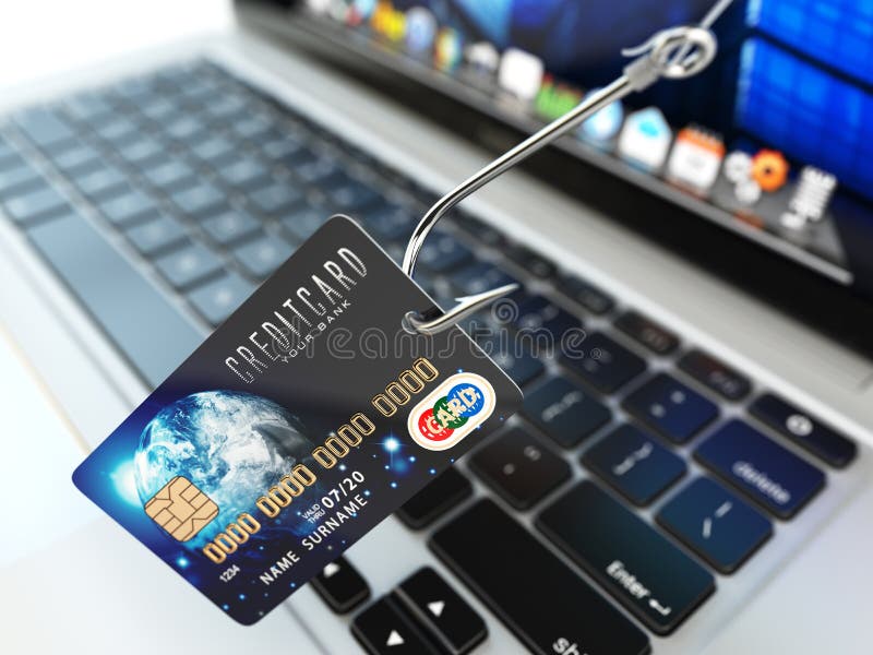 ? redit kaart phishing concept Haak met creditcard en laptop c royalty-vrije illustratie ? redit kaart phishing concept Haak met creditcard en laptop c royalty-vrije illustratie