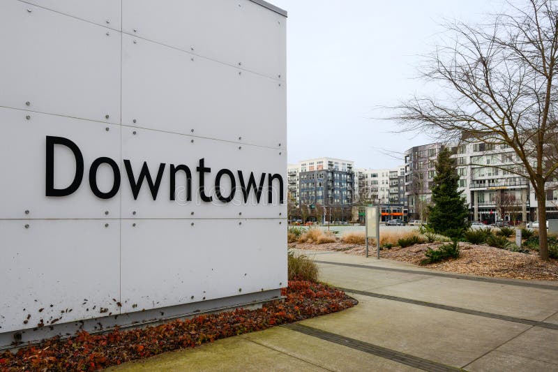 Downtown text sign in redeveloped Redmond Washington stock images
