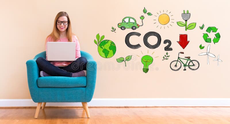 Reduce CO2 with young woman using her laptop royalty free stock image Reduce CO2 with young woman using her laptop royalty free stock image