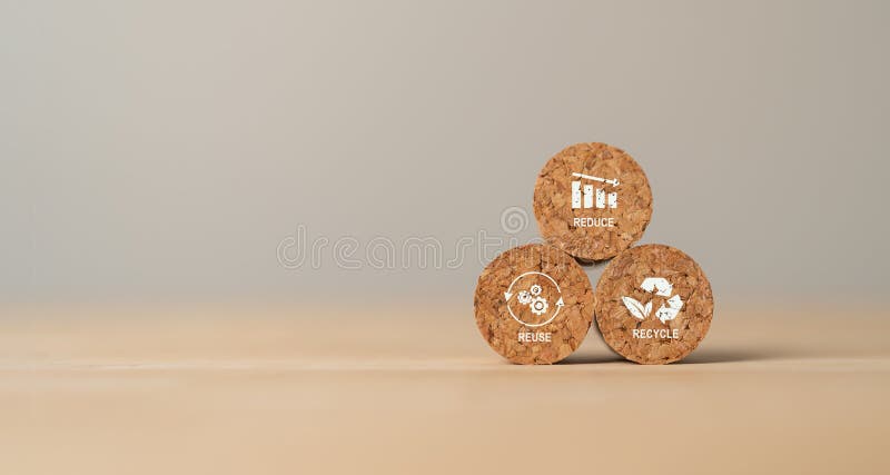 Reduce, Reuse and Recycle concept. Limit global warming and climate change. Nurturing environmental awareness. Round wooden cube blocks with Reduce, Reuse and Recycle icons. Environment protection