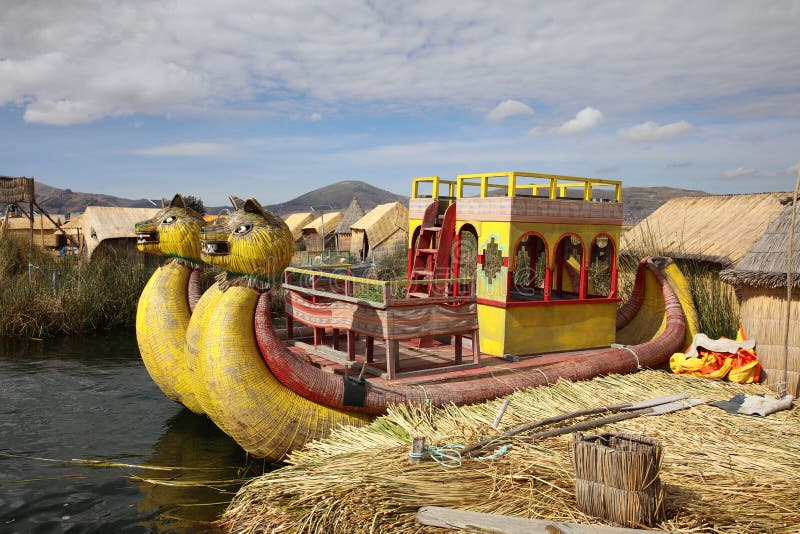 Reed Boat at Uros Floating Islands in Lake Titicaca stock image Reed Boat at Uros Floating Islands in Lake Titicaca stock image