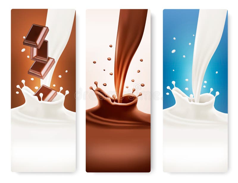 Set banners met chocolade- en melkspatten stock illustratie
