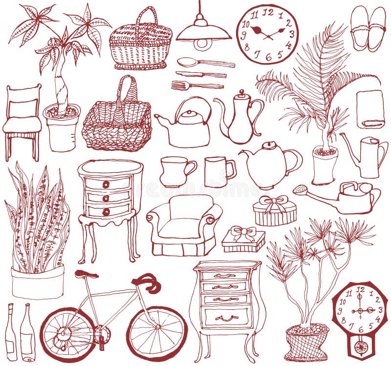 Reeks binnenlandse goederen Hand getrokken illustraties royalty-vrije illustratie Reeks binnenlandse goederen Hand getrokken illustraties royalty-vrije illustratie