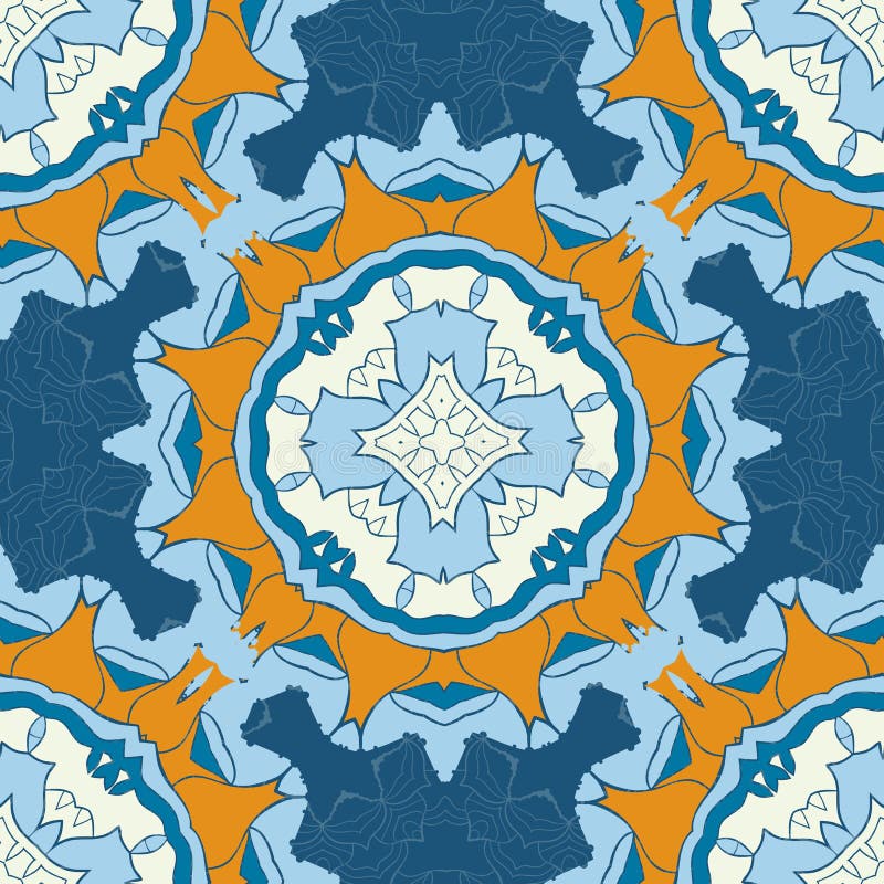 Reeks blauwe en bruine naadloze mandalas Decoratieve symmetrieornamenten Antistresstherapiepatroon Weefselontwerp vector illustratie Reeks blauwe en bruine naadloze mandalas Decoratieve symmetrieornamenten Antistresstherapiepatroon Weefselontwerp vector illustratie