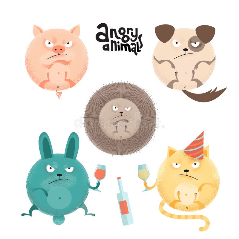 Reeks boze roung anilams en huisdieren De vlakke illustratie van de beeldverhaalstijl met texturen van varken, hond, egel, konijn royalty-vrije illustratie Reeks boze roung anilams en huisdieren De vlakke illustratie van de beeldverhaalstijl met texturen van varken, hond, egel, konijn royalty-vrije illustratie
