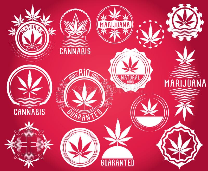 Reeks cannabis en marihuanazegels van het productsymbool stock illustratie Reeks cannabis en marihuanazegels van het productsymbool stock illustratie